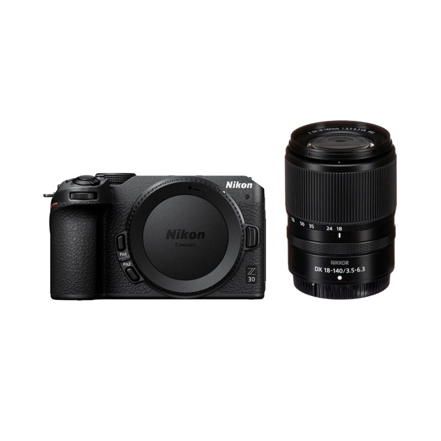 Nikon Z30 Kamera mit Nikkor Z DX 18-140mm VR Objektiv, schwarze Frontansicht